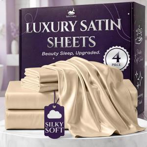SLEEP SANCTUARY Satin Sheets King Size 4 Piece Luxury Silky Bed Set, Softer Than Silk, 15" Deep Pocket, Cooling & Wrinkle-Free, Moisture-Wicking & Breathable for Hair & Skin (Ivory)