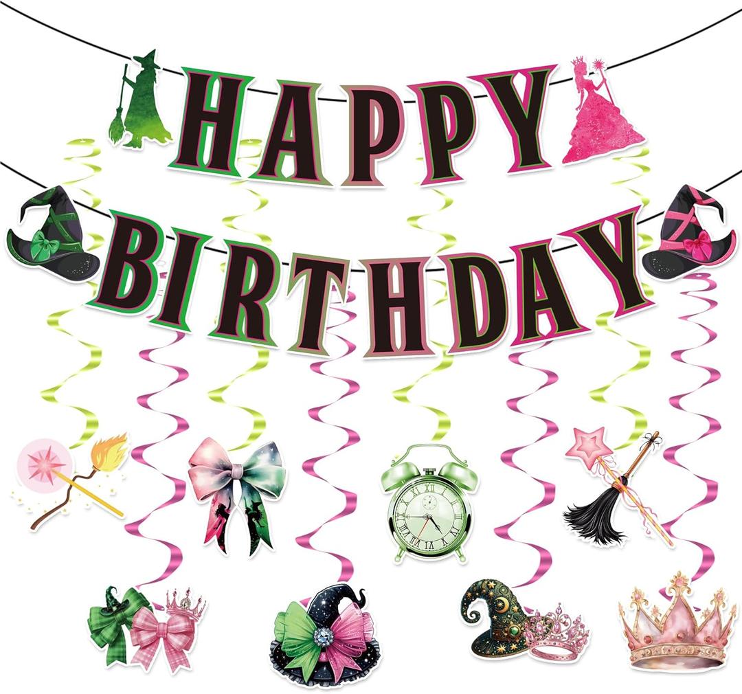 Pink & Green Birthday Party Decorations, Witch Happy Birthday Banner, Halloween Party Supplies, Movie Theme Photo Background Props for Halloween