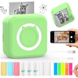 QYCHHJ Mini Printer for iPhone/Android/Tablet, Bluetooth Mini Thermal Printer Portable with 8 Rolls Thermal Paper, Inkless Sticker Printer for Study Notes Journal Memo Photo Picture, Green (Green)