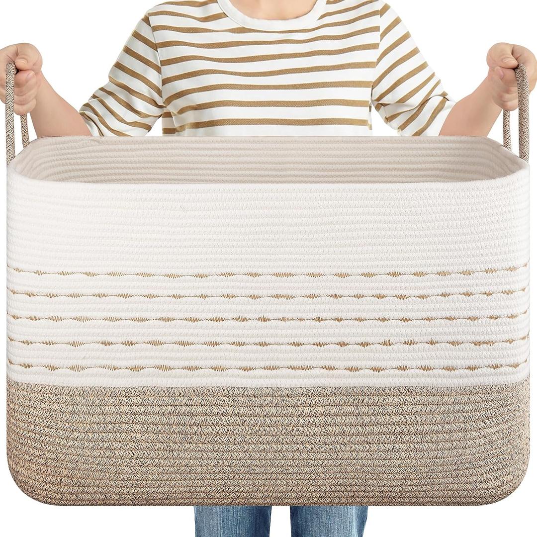 XXL Large Blanket Basket for Living Room, 108L Woven Storage Baskets for Organizing, Rectangle Cotton Rope Basket Toy Chest With Handles--Brown & White