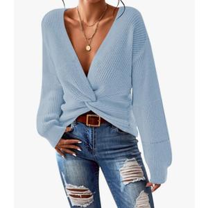 Pink Queen Women's 2025 Casual Pullover Sweaters Sexy V Neck Long Sleeve Twist Knot Cropped Knit Sweater Tops,  S