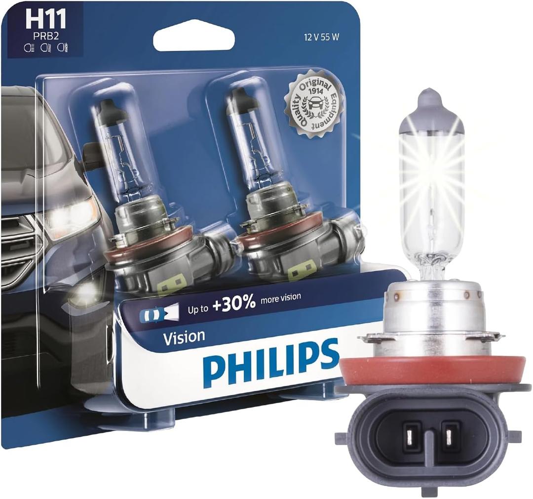 Philips Automotive Lighting H11 Vision Upgrade Automotive Replacement Headlight Bulb, for High Beam, Low Beam, and Fog Positions (Pack of 2) (White)