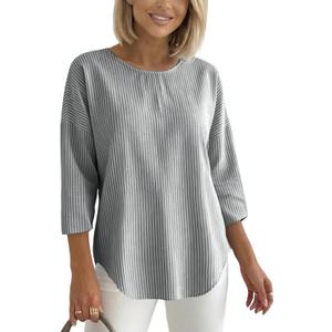 Women's 2026 Summer 3/4 Sleeve Tops Casual Striped T Shirts Crewneck Loose Office Work Shirts Cotton Blouses (Gray, XL)