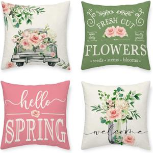 Hello Spring Throw Pillow Covers 18 x 18 Inch Eucalyptus Rose Floral Truck Mason Jar Pillow Case Farmhouse Seasonal Cushion Case Decoration for Sofa Couch Set of 4