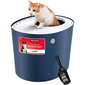IRIS USA Cat Litter Box, Large Top Entry with Litter Catching Lid and Scoop, Dog Proof, Cat Box Enclosure, Navy/White