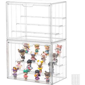 Clear Acrylic Display Case Upgrade 4 Tier Figure Display Case with 3 Movable Dividers, Stackable Display Box Showcase with Magnetic Door for Collectibles (Large-2pack)