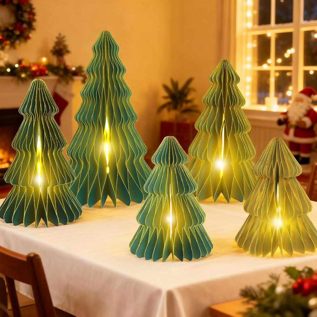 5Pcs Large Green Christmas Table Decorations Paper Christmas Trees, Light Up Honeycomb Xmas Tree Centerpieces for Tables, Christmas Frozen Winter Wonderland Party Vintage Home Decor, 12/14/16 Inch
