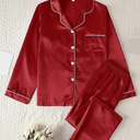 Women's Satin Long Sleeve Pajamas Set for Autumn and Winter-Button Top & Trouser Pajama Set Medium