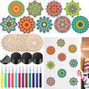 18 Pcs DIY Wooden Mandala Magnets Diwali Crafts Color Your Own Small Self Adhesive Magnet for DIY Craft Fridge Refrigerator Pendants(Floral Style)