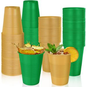 100 Pcs Green and Gold Disposable Plastic 12 oz Party Drinking Cups Green Gold Graduation Water Beverage Cups for Barbecues Picnics Festival Birthday Party Supplies