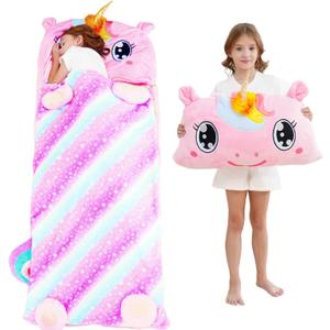 Kid Sleeping Bag with Pillow - Larger Nap Mat - Plush Slumber Bag for Boys Girls Daycare Preschool Kindergarten Birthday Gift Travel Sleepover Ages 3-12 Years