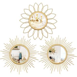3 Pack Metal Mirrors for Wall Sunburst Wall Mirrors Home Dcor Decorative Hanging Wall Art for Living Room Bedroom Entryway (Gold, Flower+Sunburst)