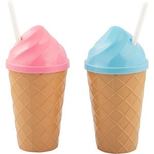 Fun Express 12 Pieces Ice Cream-Shaped Cups with Straws, Holds 14 oz, BPA Free Plastic, Birthday Party Supplies, Multi-Color