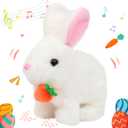Hopearl Hopping Rabbit with Carrot Interactive Electronic Pet Plush Bunny Toy with Sounds and Movements Animated Walking Wiggle Ears Twitch Nose Gifts for Toddlers Birthday, White, 7''