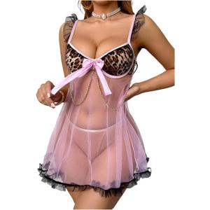 OYOANGLE Women's Leopard Print Sheer Ruffle Lingerie Dress Split Backless Strap Chemise Nightgowns Babydoll Sleepwear (Pink, M)