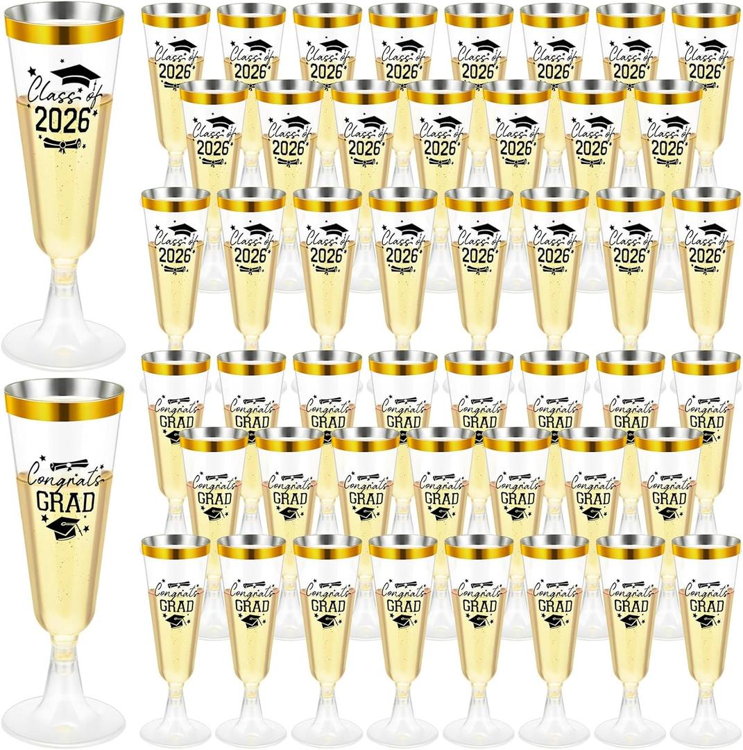 Sunnyray 40 Pack Plastic Graduation Champagne Flutes, 5 oz Disposable Plastic Champagne Glasses, Clear Toasting Cocktail Cups for Graduation Celebration Banquet Party Favors Supplies (Clear,Gold Rim)