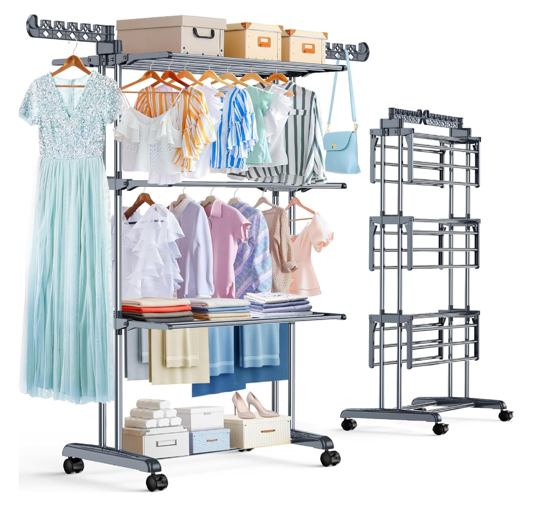 PurKeep Thicken & Durable Clothes Airer, Extra Large 4-Tier Capacity Foldable Clothes Drying Rack with Wheels, Stainless Steel Clothes Horse for Indoor/Outdoor Use in Bedroom, Laundry Room