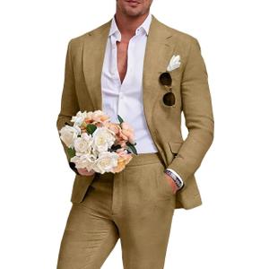 Beige Men's Linen Suit 2 Piece Slim Fit Summer Beach Wedding Dress Prom Party Suit Blazer Jacket and Pants (Yellow, L)