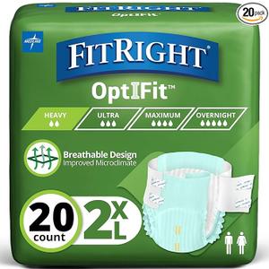 FitRight OptiFit Extra Adult Briefs, Incontinence Diapers with Tabs, Moderate Absorbency, 2XL, 60 to 70", 20 Count