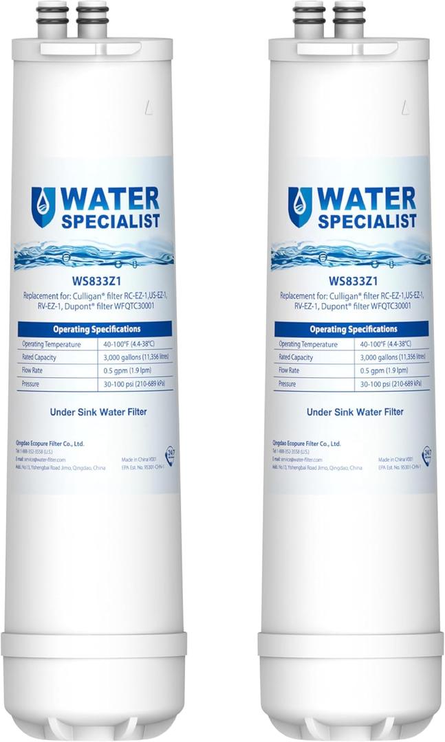 Waterspecialist RC EZ 1 Water Filter, Replacement for DuPont Carbon 3000QT Filter, Culligan RC-EZ-1, DuPont WFQTC30001, WFQTC70001, Brita USF-201, USF-202, 3K Gallons, 2 Pack