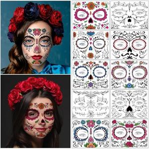 Day of the Dead Face Tattoos 10 Sheets - Halloween Temporary Tattoos Sticker Kit Día de Los Muertos Glitter Red Roses Skeleton Sugar Skull Fake Tattoo for Halloween Makeup on Face Body