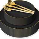 I00000 150Pcs Black Plastic Plates, Black Disposable Plates, Heavy Duty black plates for 30 Guests,Plastic Dinnerware Set Include 30 Dinner Plate,30 Dessert Plate,90 Gold Cutlery Set for Party