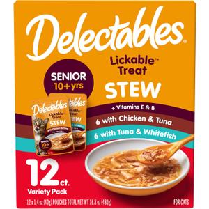 Hartz Delectables Stew Senior Cat Treat Variety Pack, 12 Count (EXP 07/31/26)