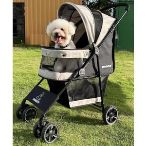 ROODO 4 Wheel Dog Cat Pet Stroller Best Lightweight Foldable Compact Portable Jogger All Terrain Travel Pet Gear Puppy Doggie Bunny Kitty Stroller for up to 30lbs Medium Small Dogs Cats (Light Khaki)