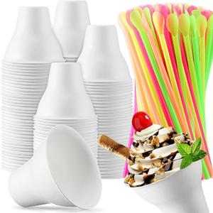 FoldTier 200 Set Snow Cone Cups and Straws Set 12 oz Colorful Shaved Ice Snow Straws Ice Cream Bowls Thicken Paper Cups for Wedding Birthday Party Food Holiday Summer Cookout