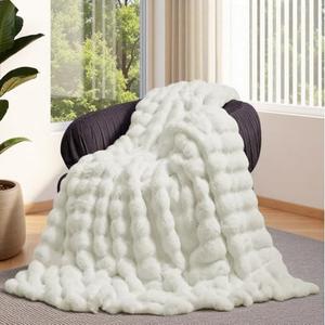 Faux Fur Blanket - Cream White Twin Size, Big Bubble Rabbit Fluff, 60x80 Inches