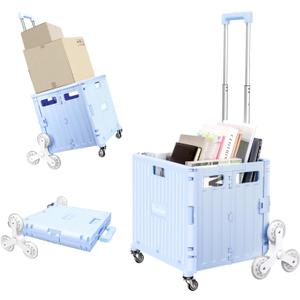 Folding Rolling Cart on Stair Climbing Wheels : Rolling Crate for Grocery File Office Book (Blue)