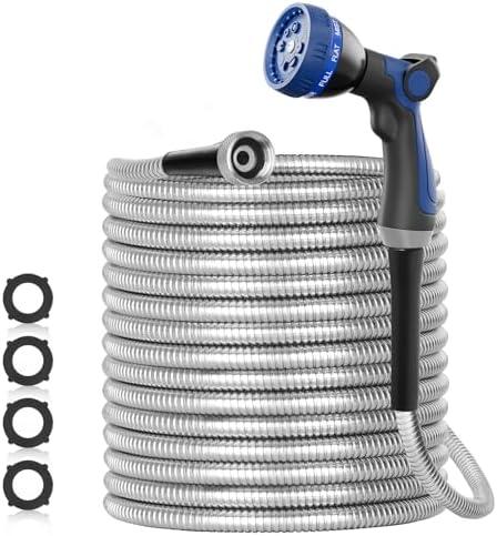 SPECILITE 50ft 304 Stainless Steel Garden Hose Metal, Heavy Duty Water Pipe with Nozzles for Yard, Outdoor - Flexible, Never Kink & Tangle, Puncture Resistant (Sliver)