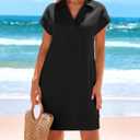 Okiwam Women's Spring Summer Dresses 2025 Casual Short Sleeve V-Neck T-Shirt Mini Vacation Sun Dresses with Pockets (Black, XL)