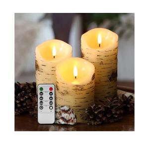 Eywamage Birch Bark Flameless Pillar Candles with Remote, Flickering Rustic Battery LED Wood Candles Set of 3