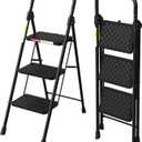 HBTower 3 Step Ladder, Folding Step Stool with Wide Anti-Slip Pedal, Step Stool Foldable with Cushioned Handle for Home and Kitchen, Black