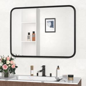 Fun Memories 40"x30" Bathroom Wall Mirror, Rustic Black Wood Grain Frame, Tempered Glass Vanity Mirror for Bedroom, Entryway, Living Room, Farmhouse Decorative Wall-Mounted Mirror