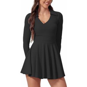 ABOCIW Athletic Dress for Women Collar V Neck Ruched Waist Long Sleeve Tennis Dress with Shorts Workout Golf Active Exercise Dresses with Pocket, Black, XL