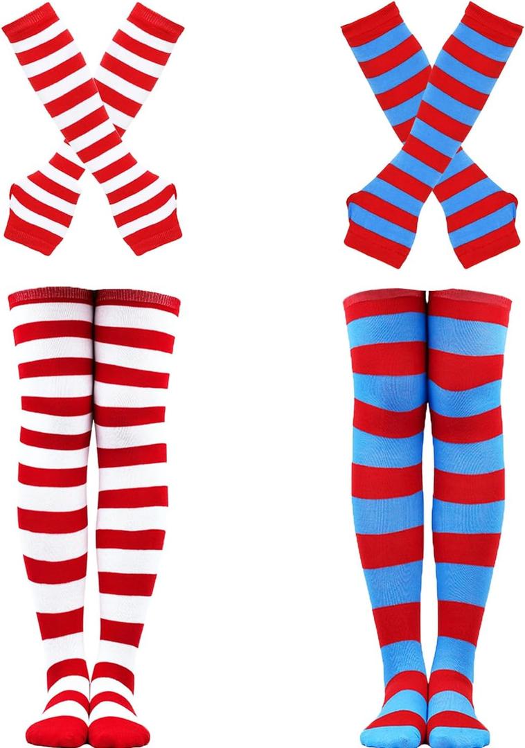 2 Sets Striped Socks and Gloves Over Knee Thigh High Stockings for Halloween Women Thing 1 Thing 2 Cosplay Costume, 24in Long