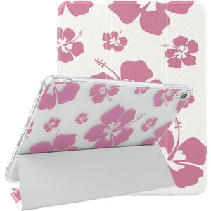 Lovmooful Compatible for iPad Air 6th 11-inch M2 (2024),iPad Air 5/4 (2022/2020 5th/4th Generation 10.9-Inch) Case with Pencil Holder Cute Floral Flower Soft TPU Trifold Stand Protective-Hibiscus
