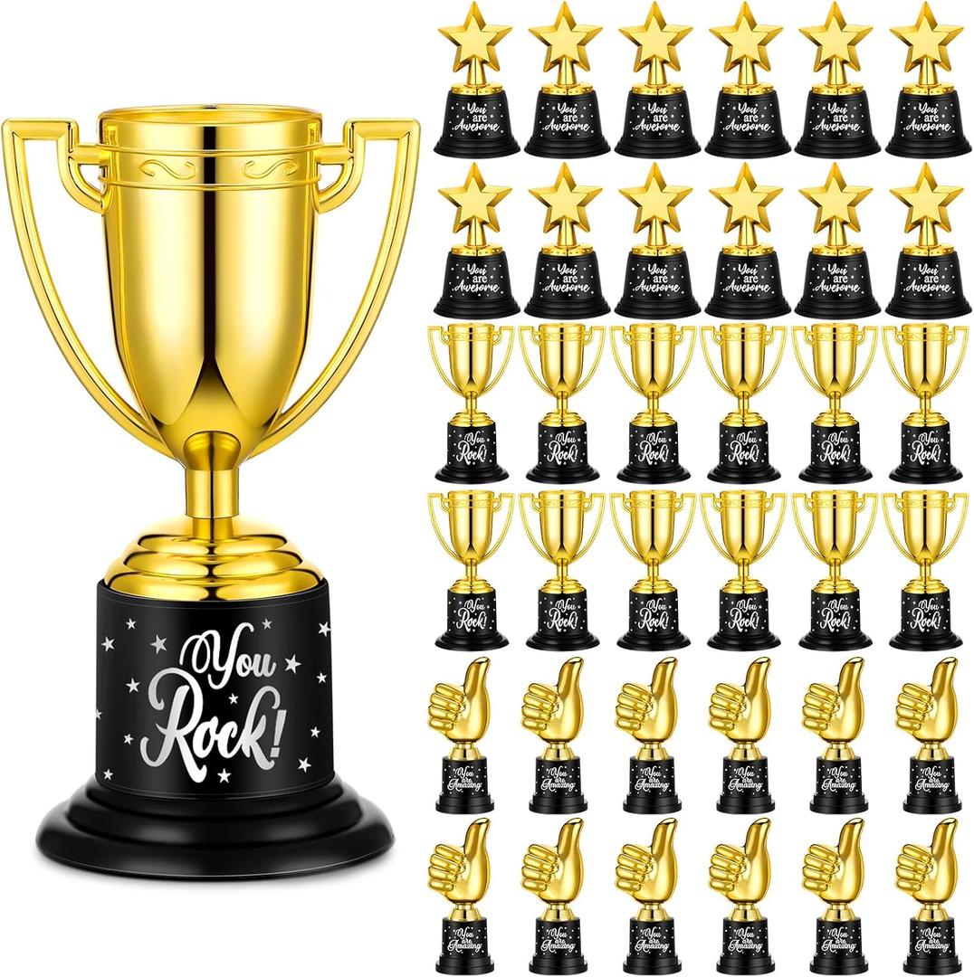 Lenwen 36 Pack Gold Trophy Award Bulk Star Thumbs up Trophy Awards Plastic Mini Golden Cup Back to School Gifts for Students Classroom Sports Soccer Football Game Winning Prize, 3 Styles