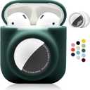 2 in 1 Silicone Protective Skin Cover Compatible with AirPod 1&2 and AirTag, Soft Comprehensive Protective Case with 2 PCS TPU Screen Protector, Anti-Scratch Anti-Fall Anti-Lost(BlackishGreen)