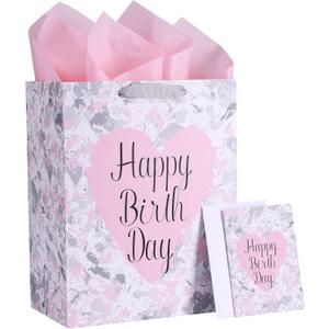 SUNCOLOR 13" Large Birthday Gift Bag with Tissue Paper&Greeting Card-For Moms,Girls' Birthday