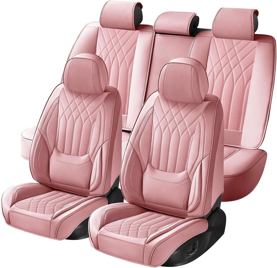 Pink Car Seat Covers Full Set, Full Coverage Luxury Leather Car Seat Protector Universal Fit for Most Cars SUVs Pick-up Trucks, Pink Seat Covers Car Interior Accessories for Women