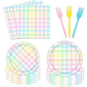 Vanulus 96PCS Easter Plaid Paper Plates Dinnerware Set Spring Coloring Checkered Party Supplies Gradient Colorful Checkered Rainbow Pastel Party Decorations Complete Set of 24 Disposable Tableware