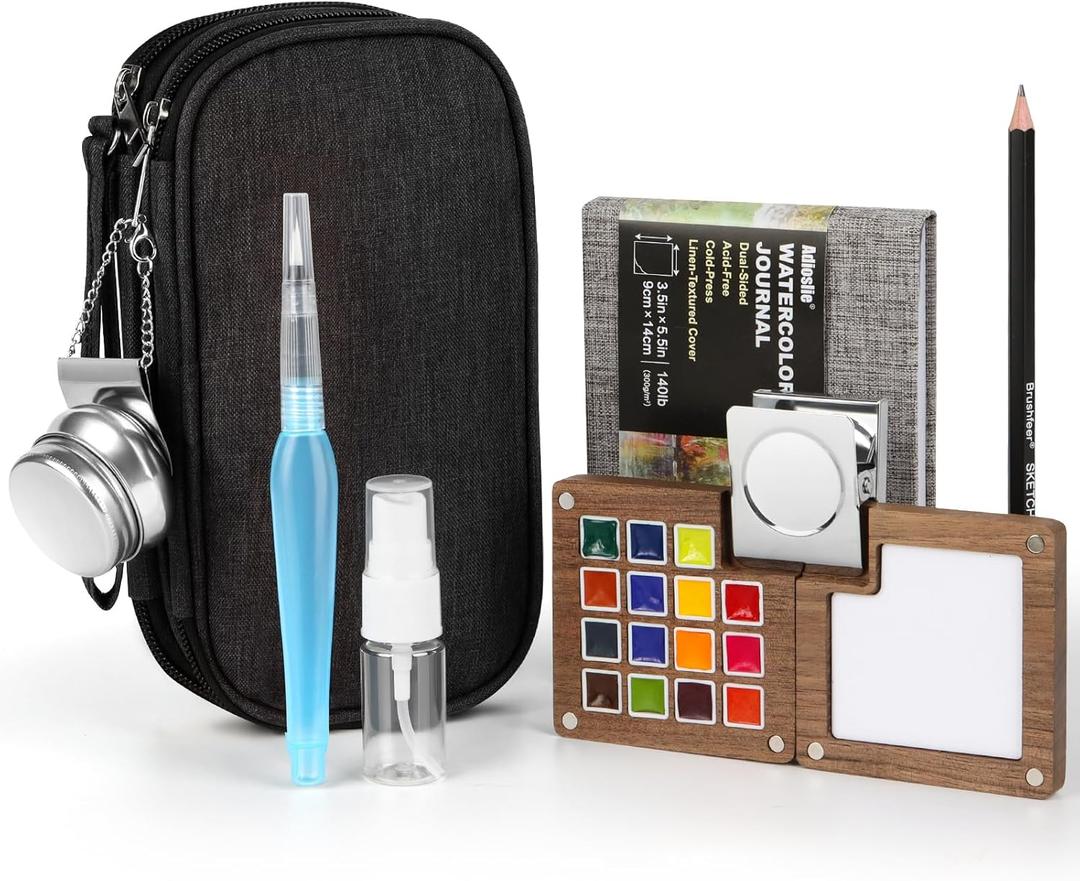 Adioslie Mini Watercolor Travel Set, 15 Color Pocket Watercolor Paint Set with Storage Bag, Watercolor Journal, Metal Clip, Paint Water Cup, Water Brush, Art Gift Kit for Painting Anywhere-01