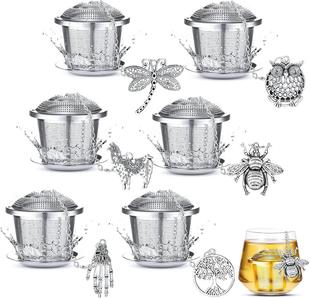 Retro Style Tea Leaf Mesh Strainer Infuser Set - 6 Pcs Stainless Steel Tea Ball Strainer with Charm Pendant & Extended Chain Hook Retro Style Tea Leaf Mesh Strainer Infuser Set - 6 Pcs Stainless Steel Tea Ball Strainer with Charm Pendant & Extended Chain Hook