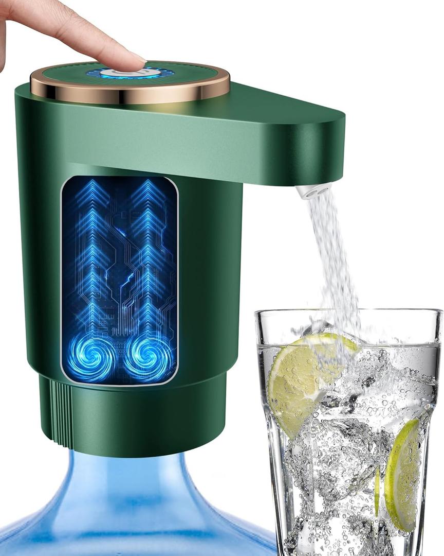 Water Jug Pump for 5 Gallon Bottle Portable Electric USB-C Charging Dispenser, Dual Powerful Motors, Fast Flow, Fits 2-5 Gallon Jugs Ideal for Home, Office, Camping, RV, Dark Green