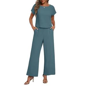 Lepunuo Summer Women’s 2 Piece Outfits for Women Pullover Crop Tops and Loose Wide Leg Pants Sets Lounge Matching Set Tracksuits L