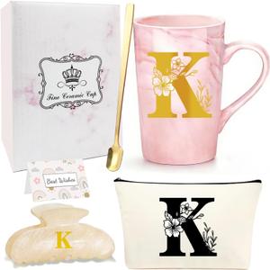 Initial Letter Gift Set for Women - Personalized Monogram Ceramic Mug Set - Initial Letter Gifts for Birthday, Bridesmaid, Mothers Day Gift for Her(K)