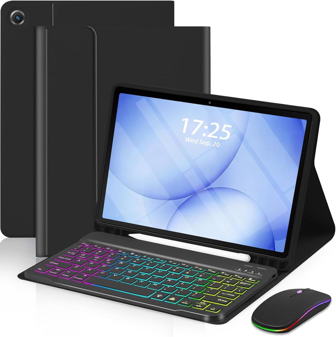 EAMPANG Case with Keyboard Mouse for Samsung Galaxy Tab A11 Plus/A9 Plus 2025/2023 11 inch,7 Color Rainbow Backlight Detachable USB-C Keypad Magnetic Case with Pen Slot for Tablet A11+ A9+ 5G Black